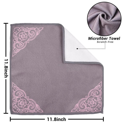 YUA microfiber cleaning cloth, gray with pink corner floral design, 11.8 x 11.8 inches, reusable lint-free.