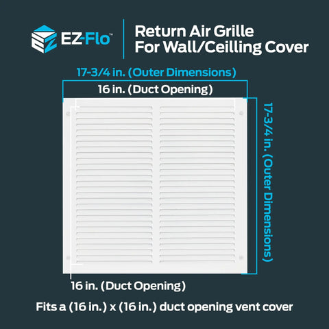 16 By 16 Inch Return Air Vent Cover For Wall Or Ceiling, Solid Steel Grille With Fixed Vanes Directing Airflow, HVAC Vent Cover In White Finish, Fits Standard Duct Opening 16 By 16