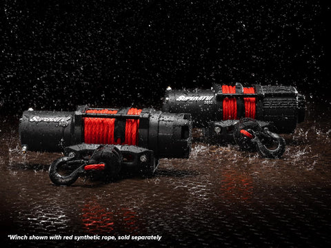 Two SuperATV 4500 lb winches with red synthetic rope and hooks, black waterproof housings.