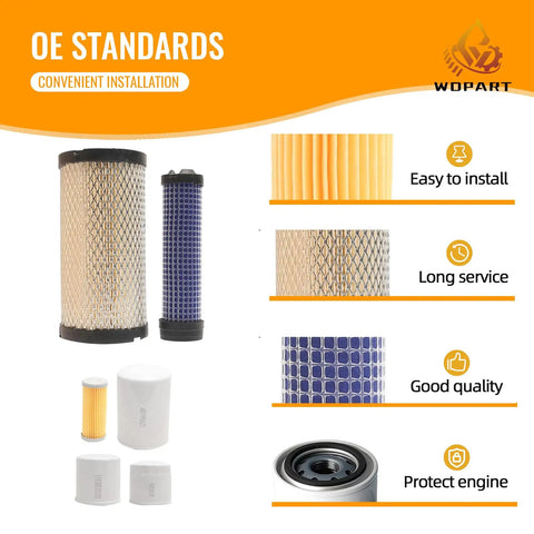 Six Piece Filter Kit For LS Tractor MT125 Includes Oil Filter Fuel Filter Air Filter Hydraulic Filter Hydrostatic Filter And Replacement OE Numbers 11930535150 40358122 40049450 40195621 40220109 showing components and features.