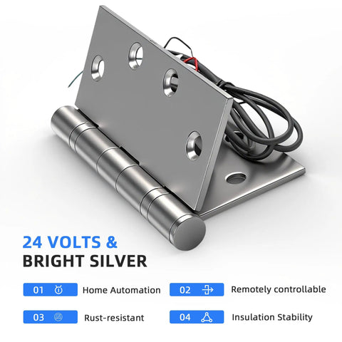 Heavy Duty 4 Wire Electric Transfer Hinge With Smart Hidden Wiring And Rock Solid Swings Perfect For High Traffic Security Doors Featuring Top Notch 304 Stainless Steel Build, 24V bright silver finish.