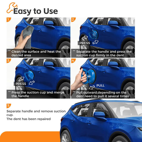 Three Piece Auto Dent Repair Kit With 4.9 Inch Large Puller And 2.4 Inch Small Pullers, Aluminum Car Dent Remover in use on blue car door