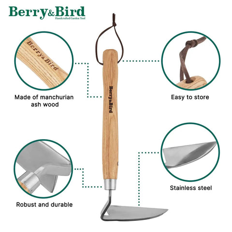 Stainless Steel Bent Angle Gardening Sickle Weed Scraper Hoe With Ergonomic Ash Wood Handle 12.67 Inch Blade For Weeding And Soil Loosening