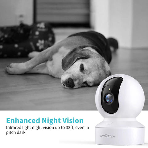 2K HD Pet Camera With 360 Degree Pan Tilt 8X Optical Zoom Night Vision Motion Tracking Alarm next to sleeping dog