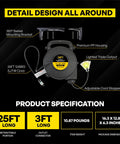 Diagram of Retractable Extension Cord Reel With Light Indicator 25 Feet showing specifications and design features on black background.