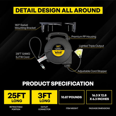 Diagram of Retractable Extension Cord Reel With Light Indicator 25 Feet showing specifications and design features on black background.