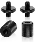Built Tough Aluminum 4 Pack 1/4 To 1/4 Inch Threaded Tripod Screw Adapters with double male female ends shown in black.