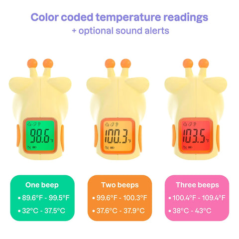 Giraffe Themed No-Touch 3 In 1 Baby And Kids Thermometer For Infants With Quick Forehead Ear And Body Temp Readings, Kid Friendly Design To Keep Toddlers Chill During Temp Checks. Color-coded display with sound alerts
