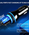 Dual Pd Car Charger 45W With Qc 3.0 Usb Port And Four Foot Cord Compatible With Iphone 17 16 15 Samsung Galaxy S25 S24 S23 Quick Charger with LED light