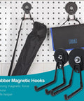 Heavy Duty Magnetic Hooks For Garage And Shop With Rubber Coated Base Anti Slip Grip 22 Lb Pull 2.59 Inch Magnetic Base Extra Long Tool Hangers holding tools on a pegboard