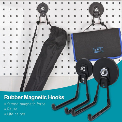 Heavy Duty Magnetic Hooks For Garage And Shop With Rubber Coated Base Anti Slip Grip 22 Lb Pull 2.59 Inch Magnetic Base Extra Long Tool Hangers holding tools on a pegboard