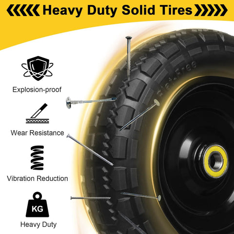 13 Inch Flat Free Tire Set 4.00-6 With Puncture Resistant Polyurethane Foam And 5/8 Inch Bearings showing durability features