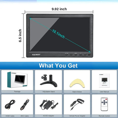 Front view of 7 Inch Mini Monitor With 1024x600 IPS Display, Plug And Play HDMI VGA AV setup including accessories and remote control.