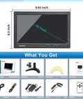10.1 Inch Mini Security Monitor With Remote And Dual Speakers, dimensions, and included accessories display