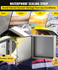 NEMA 4X Steel Enclosure 24 By 24 By 8 Inches IP66 Waterproof box with rubber sealing strips shown in various weather conditions