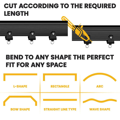 Flexible Ceiling Curtain Track System For Home And RV Dope Bendable Curtain Rail Mount That Supports Room Dividers, Bunk Beds, And Curved Layouts, 9.8 Ft Long Black Quick Install With Sleek Unobtrusive Look showing cut-to-length and bendable shapes
