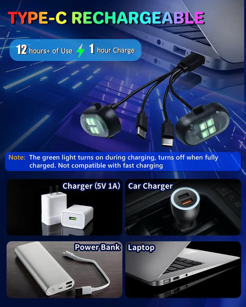 Upgraded Four Pack Wireless LED Lights For Car With Remote Rechargeable Waterproof Eight Color Interior Car Lights Mini LED Strobe Lights charging options