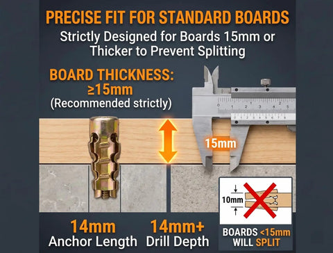 Hinge Repair Screw And Expansion Anchor Kit for 15mm boards, shown with caliper and 14mm anchor length, prevents splitting.