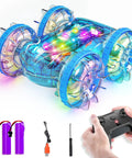 Amphibious Remote Control Monster Truck For Kids, 2.4GHz RC Car With LED Lights, 4WD All Terrain Stunt Vehicle shown with remote and accessories