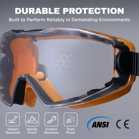 Over Glasses Safety Goggles With Anti Fog Clear Lenses For Lab Work ANSI Z87 1 Impact Resistant UV Protection shown closeup