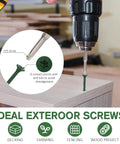 Drill inserting Deck Screws For Outdoor Wood Fence And Decking, Built To Last, Rust Resistant Epoxy Coated With 1000 Hours Salt Spray Protection into wood