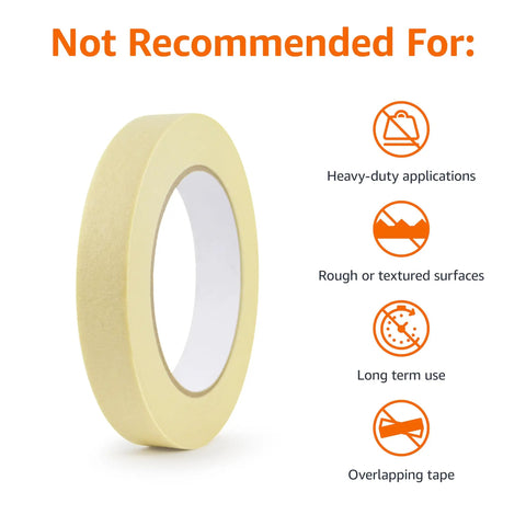 Low Tack Beige Masking Tape For Everyday DIY And Labeling, Hand Tearable, 0.7 Inch Wide, 180 Feet Per Roll, shown with usage limitations