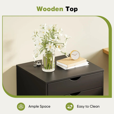 Top Tier Seven Drawer Wooden Dresser Featuring Heavy Duty Storage Cabinets And Smooth Rolling Casters For Bedroom Organization You Gotta Have This Solid Straight Up Game Changer with floral arrangement on wooden top.