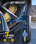 X8 APEX EV Tire Inflator Portable Air Pump inflating a car tire, showing digital display and nozzle connected to tire