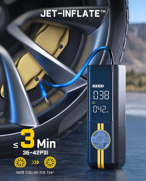 X8 APEX EV Tire Inflator Portable Air Pump With 2X Faster Inflation And 150 PSI Cordless Air Compressor in use with car tire