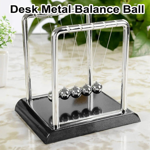 Five Ball Newton's Cradle Desktop Toy For Office And Home Decor With Black Wood Base And Strong Nylon String
