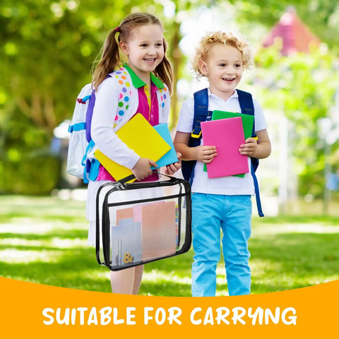 Two children holding colorful books with Clear See Through Toy Storage Bags 8 Pack With Zippers Portable Handle Travel Ready Organizer