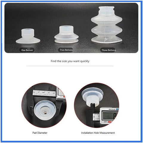 Industrial Pneumatic Vacuum Suction Cup For Manipulators, VAPH 15 20 30 40C Air Nozzle Accessory, measuring different bellows sizes.