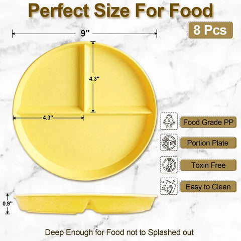 Set Of 8 Unbreakable 9 Inch Divided Plates For Adults With Portion Control, BPA Free Plastic Dinner Plates in yellow