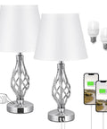 White Touch Table Lamps Set Of 2 With USB C Ports And USB A, Spiral Cage Base Design, shown charging smartphones and bulbs