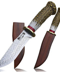 Damascus Steel Hunting Knife with Faux Antler Handle, 5.4 Inch Fixed Blade Skinner, hand-forged wave pattern, wooden sheath