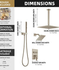 Dimensions and components of Lava Odoro Square Rain Shower Faucet Set, Button Diverter Shower Faucet with 3 in 1 Handheld, Ceiling Mount Rainfall Shower System with 2 Shower Head