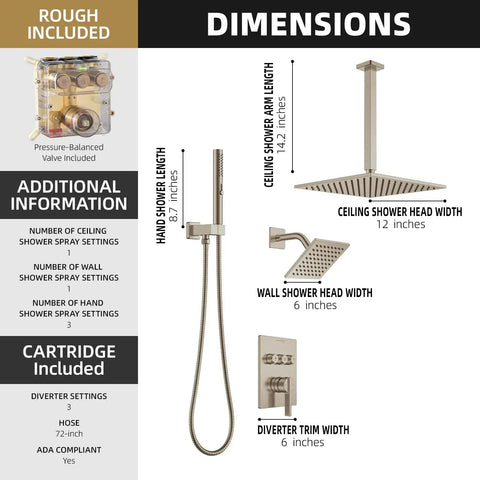 Dimensions and components of Lava Odoro Square Rain Shower Faucet Set, Button Diverter Shower Faucet with 3 in 1 Handheld, Ceiling Mount Rainfall Shower System with 2 Shower Head