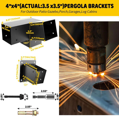15 Degree Angled Pergola Roof Bracket Kit With Heavy Duty Galvanized 3 Way Slanted Post Connector And Wall Mount Base For 3.5 By 3.5 Inch Wood Beams DIY Pavilion Porch Deck Brackets Four Pack