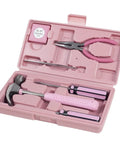 Pink Tool Set with 6 Inch Flathead Screwdriver 6 Inch Phillips Screwdriver 4 Ounce Hammer 5 Inch Tweezers 5 Inch Long Nose Pliers and 3 Foot Measuring Tape Great For Home Office Or Car in open pink case.