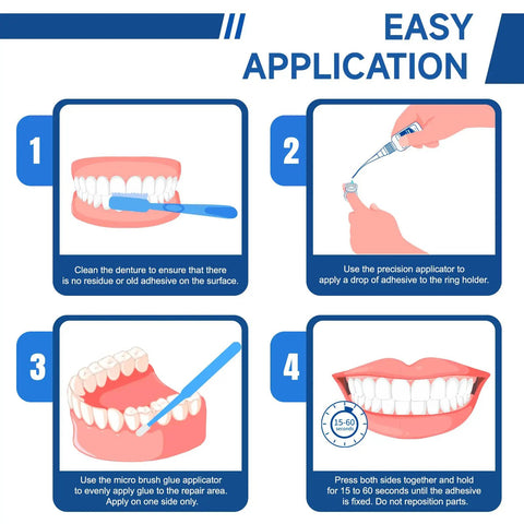 Step-by-step guide for Denture Repair Glue Kit 1oz With Instant Bonding Adhesive For Cracks And Loose Teeth Safe Odor Free Bonding