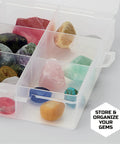Clear gem case with colorful polished stones from the Deluxe Rock Tumbler Kit For Kids And Beginners Turn Rough Rocks Into Shiny Gems