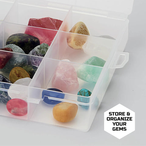 Clear gem case with colorful polished stones from the Deluxe Rock Tumbler Kit For Kids And Beginners Turn Rough Rocks Into Shiny Gems