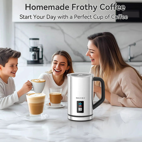 Family enjoying coffee with Electric Milk Frother Stainless Steel 8.4oz Capacity Hot And Cold Foam Maker 3 In 1 Auto Frother