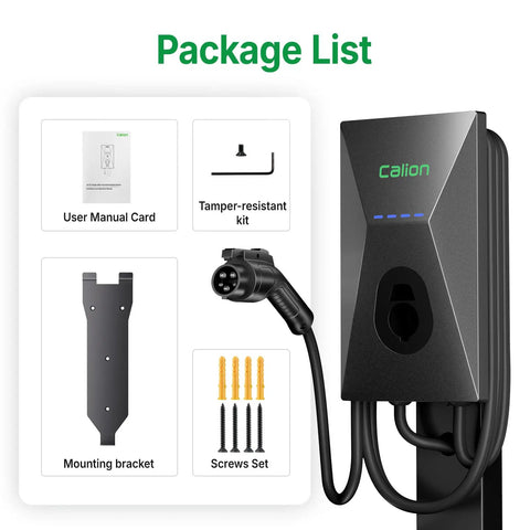 Package content of Level 2 EV Charger Wall Mount With 25 Foot Cable, 50 Amp 240 Volt Fast Charging For J1772 EVs