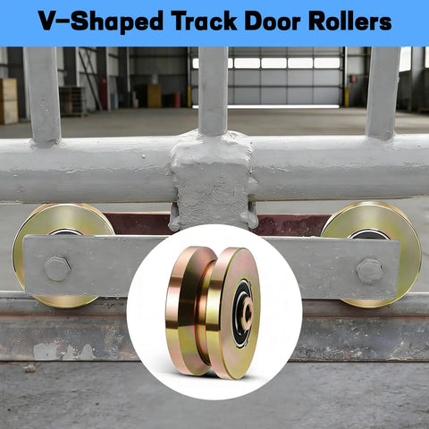 2 Pack 4 Inch Heavy Duty Sliding Gate Rollers With V Groove Track Design Double Sealed Bearings 3300 Lb Capacity Straight Forward Install Kit For Smooth Ride And No Hassle Setup on gate.