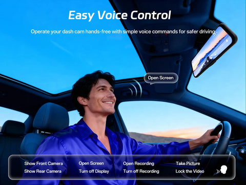 Driver using 4K Front Dash Cam With 1080P Rear, 12-Inch Mirror Cam, All-In-One ADAS Package, utilizing voice control feature.