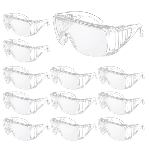 Clear Safety Glasses Over Eyeglasses 12 Pack Anti Fog Scratch Resistant Eyewear with wraparound polycarbonate frame