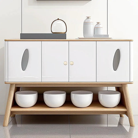 Wooden sideboard with four white doors, modern design, decorative ceramic bowls below