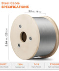 Spool of 3/16 Inch 500 Ft Stainless Steel Wire Rope 304 7x19 for Deck Cable Railing