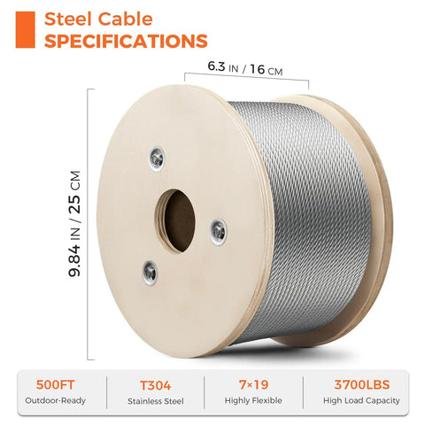 Spool of 3/16 Inch 500 Ft Stainless Steel Wire Rope 304 7x19 for Deck Cable Railing